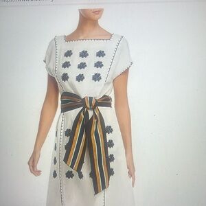 Tory Burch Floral Embroidered Striped Belt Dress